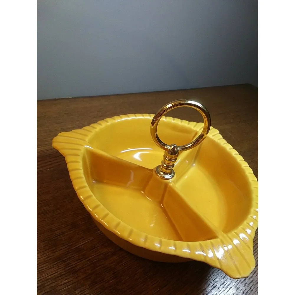 California Pottery USA VTG Gold Yellow Divided Condiment Nut Dish 7.75x2 Gift